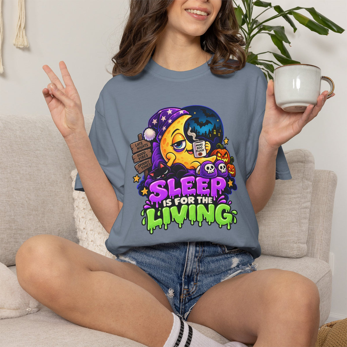 Sleep Is for the Living – Funny Halloween Moon T-Shirt