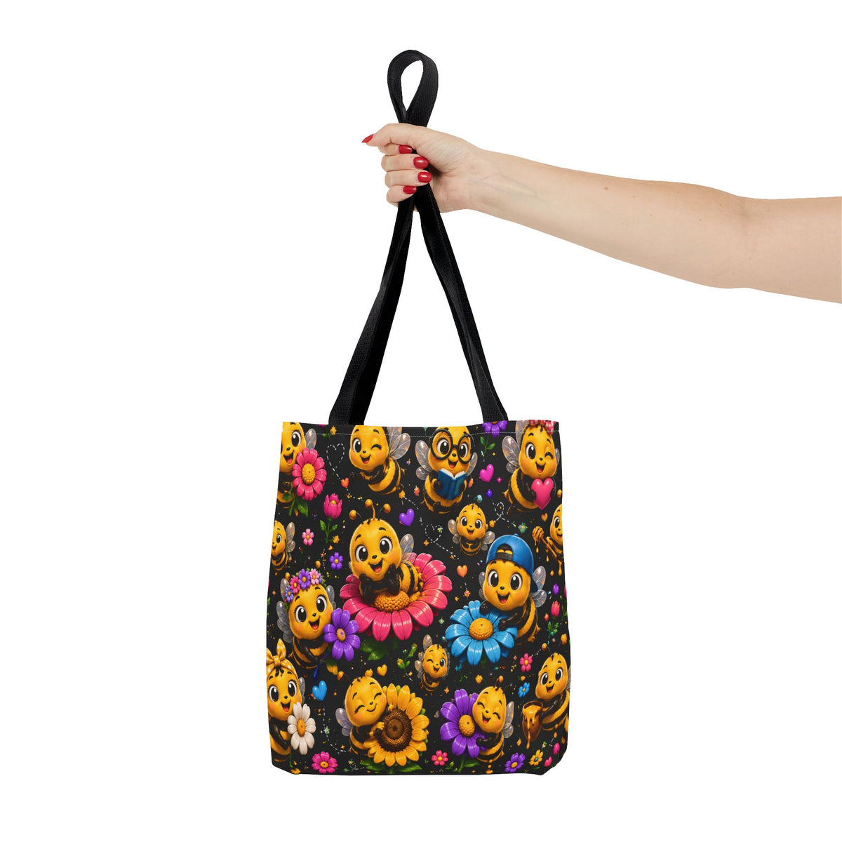 Cute Bee Pattern Tote Bag — Colorful Floral Cartoon Bees All-Over Print
