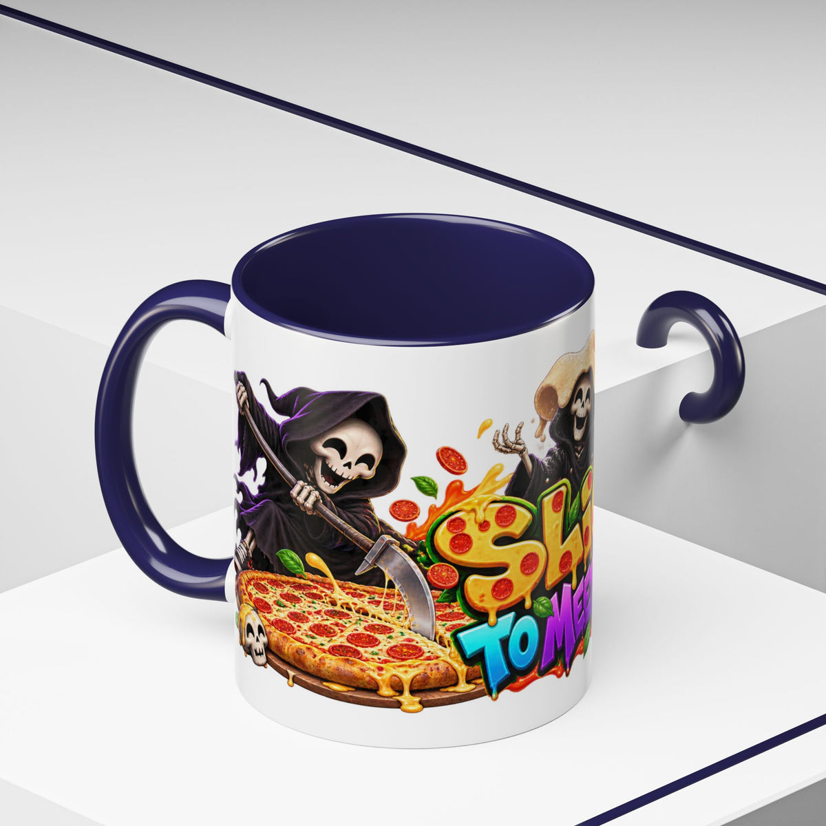 Slice to Meet You Funny Grim Reaper Pizza Halloween White Mug