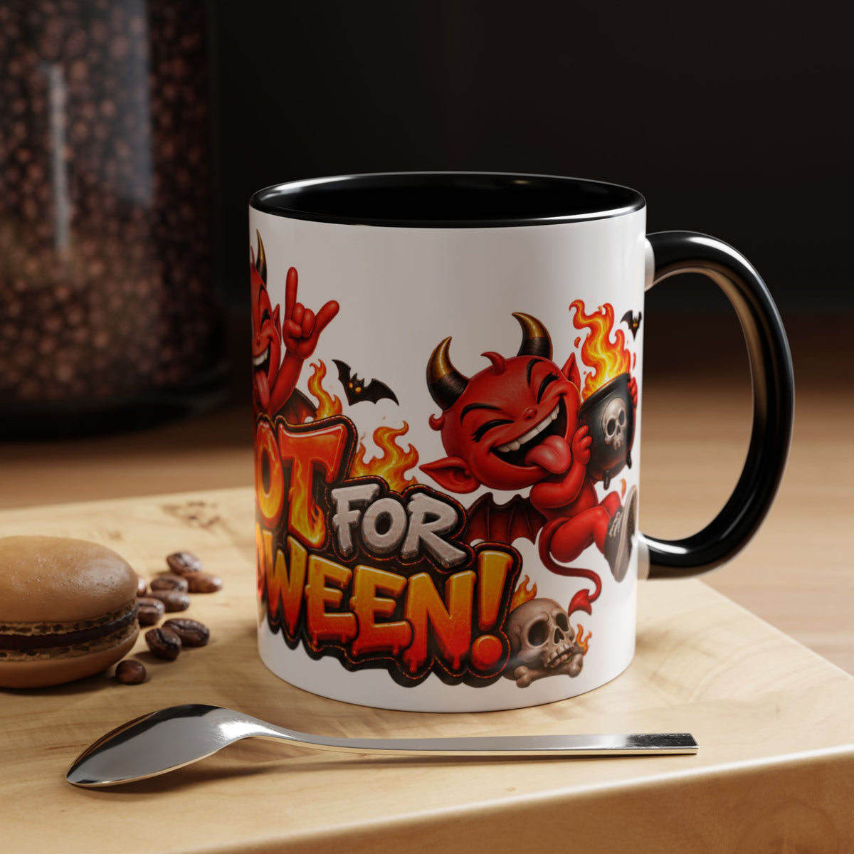 Too Hot for Halloween White Mug – Funny Devils, Flames & Spooky Design