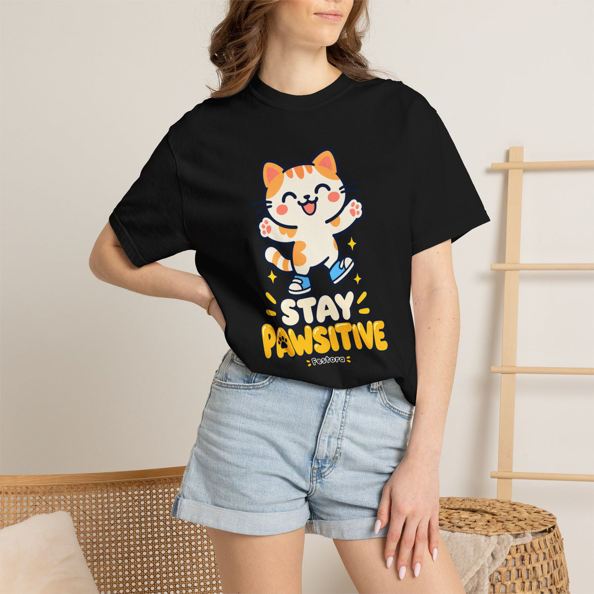 Stay Pawsitive – Cute Happy Cat Graphic T-Shirt