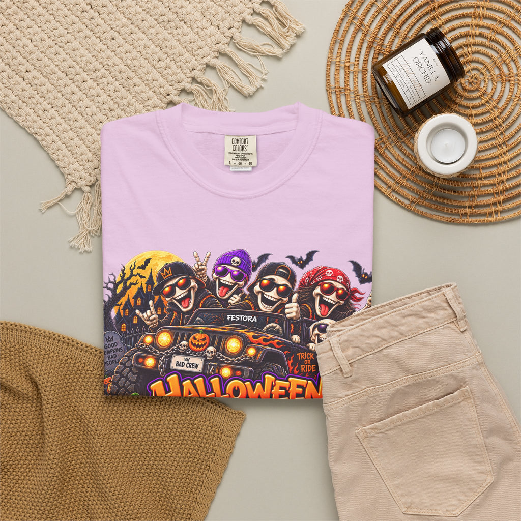 Halloween Crew T-Shirt – Skeleton Jeep Spooky Graphic Tee