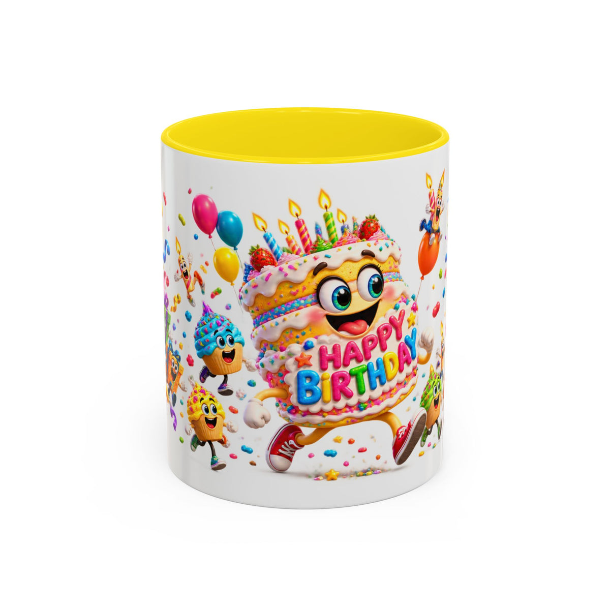 Birthday Party Coffee Mug – Colorful Happy Birthday Cake & Balloon Design (11/15oz Accent Mug)