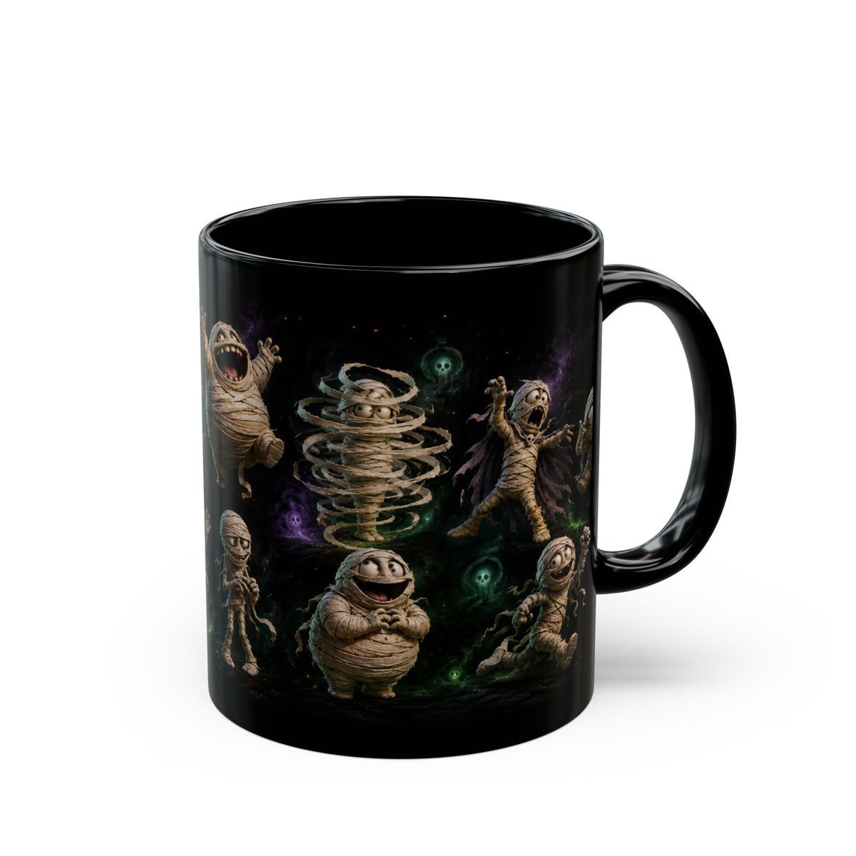Funny Mummy Black Coffee Mug — Cute Spooky Halloween Character Pattern (11oz/15oz)