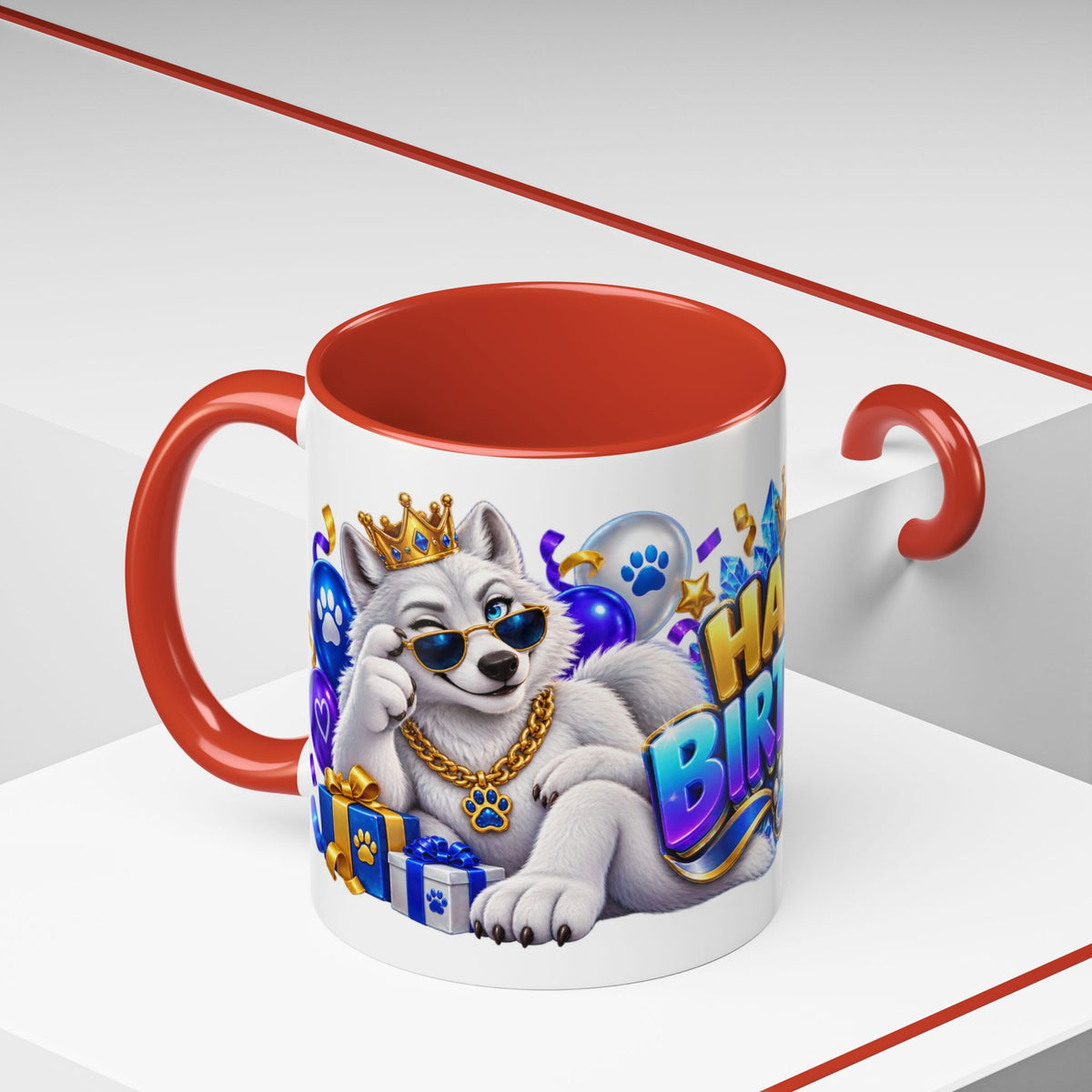 White Wolf Happy Birthday Mug – Blue Purple & Gold Birthday Gift – FestoraShop White Coffee Mug