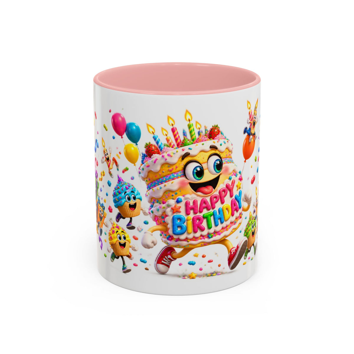Birthday Party Coffee Mug – Colorful Happy Birthday Cake & Balloon Design (11/15oz Accent Mug)