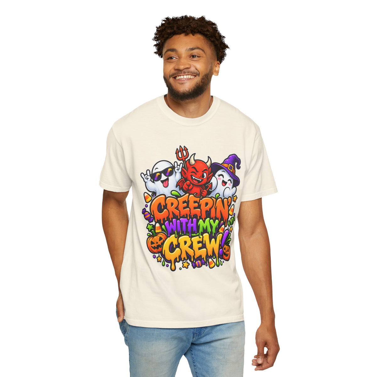 Creepin’ With My Crew Halloween T-Shirt – Colorful Funny Ghost & Devil Graphic Tee