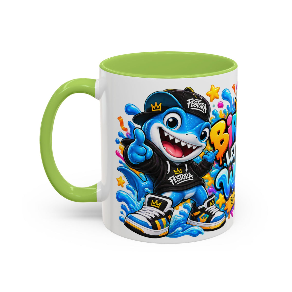 BIRTHDAY? LET’S MAKE WAVES! White Ceramic Mug – Funny Shark Birthday Coffee Cup – Original FestoraShop Design