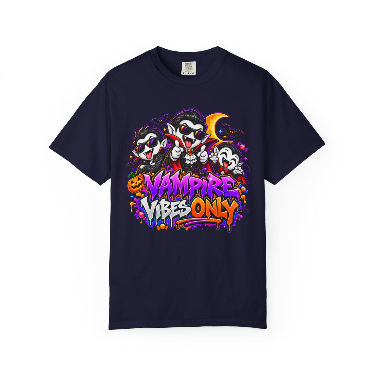 Neon Vampire Vibes Halloween Unisex Garment-Dyed T-Shirt Featuring a Cool Festora Vampire Crew