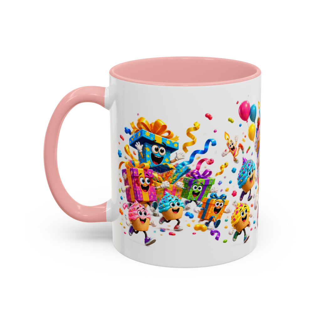Birthday Party Coffee Mug – Colorful Happy Birthday Cake & Balloon Design (11/15oz Accent Mug)