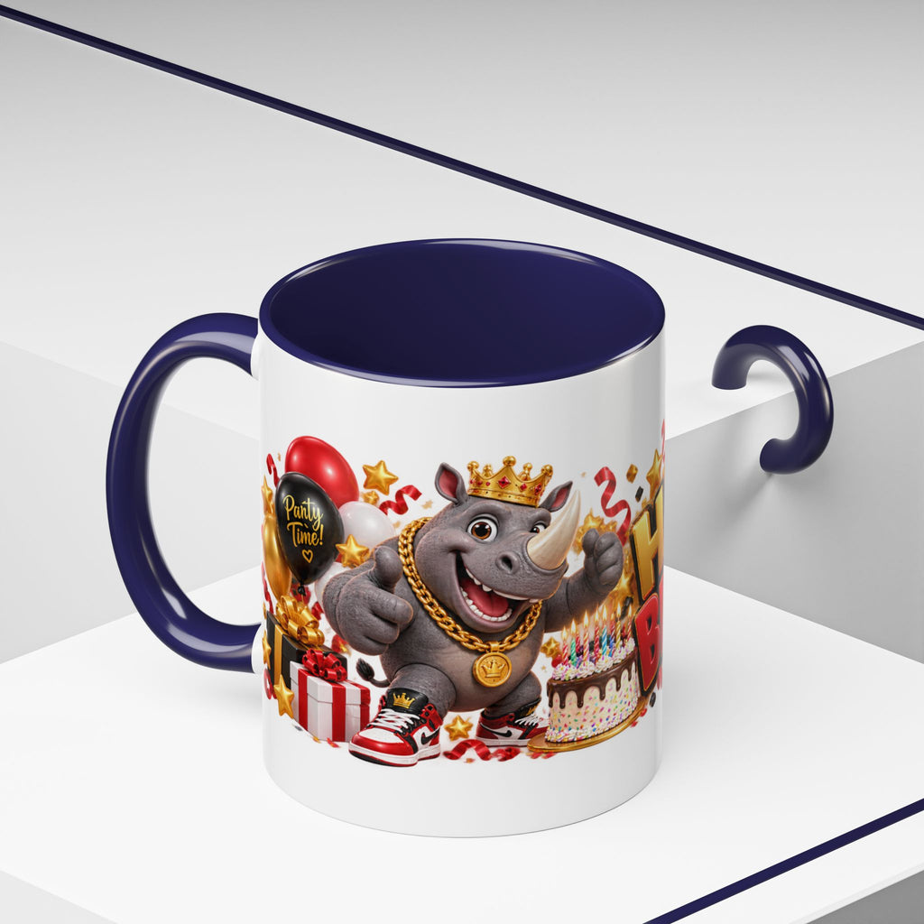 Happy Birthday Rhino Mug – Colorful 3D Birthday Gift – White Coffee Mug