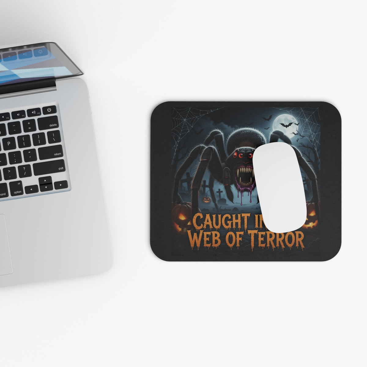 Spider Halloween Mouse Pad — "Caught in M's Web of Terror" Gaming Desk Mat