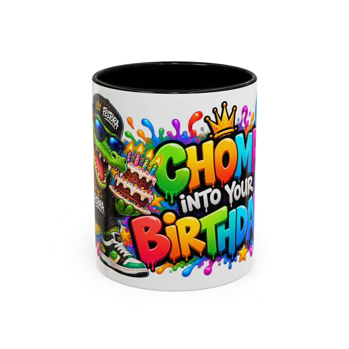 CHOMP INTO YOUR BIRTHDAY! White Ceramic Mug – Funny Crocodile Birthday Coffee Cup – Colorful Party Gift – Original FestoraShop Design