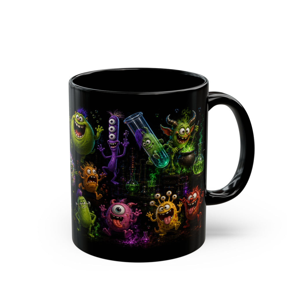 Monster Lab Black Mug — Colorful Cute Monsters Wraparound Cup (11oz/15oz)
