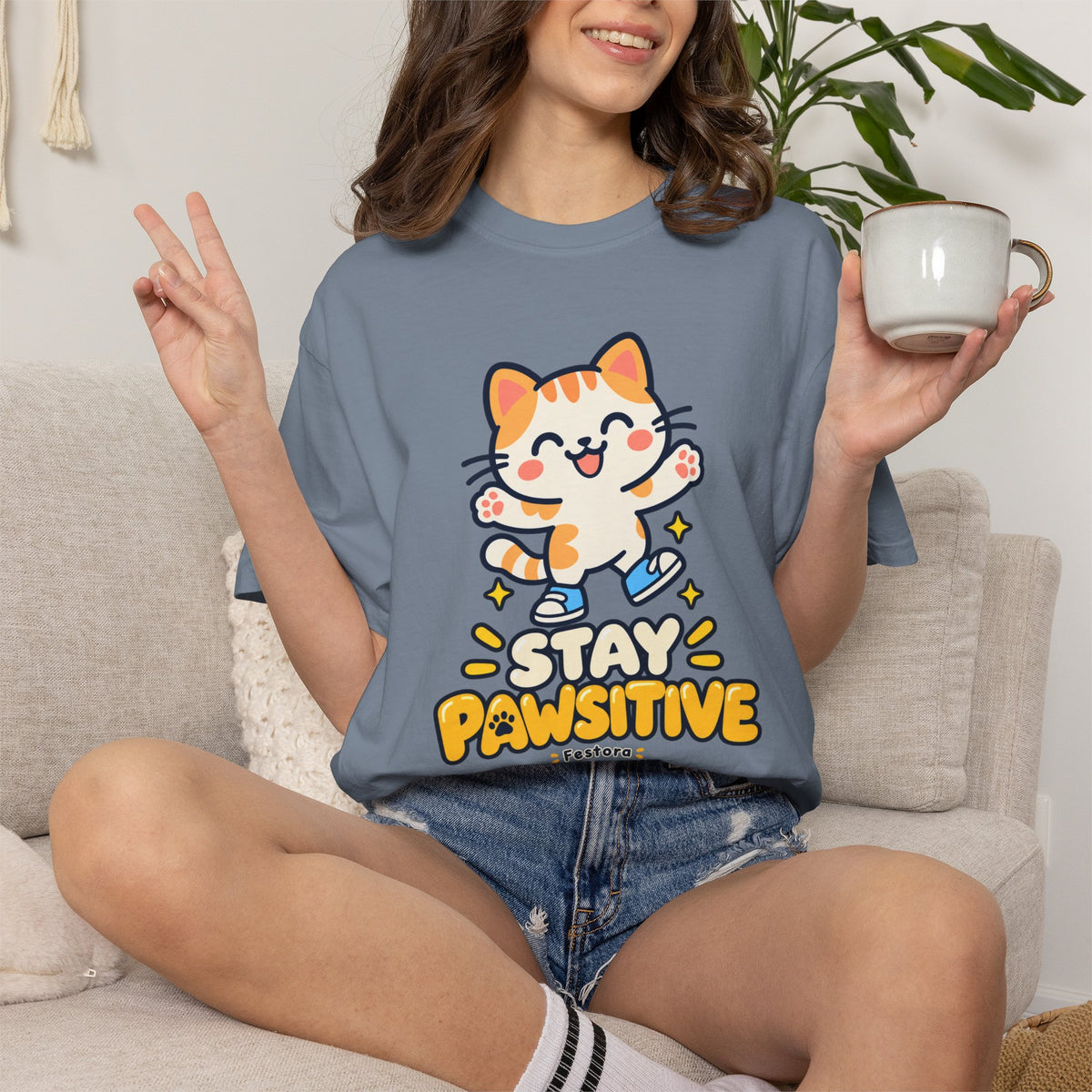Stay Pawsitive – Cute Happy Cat Graphic T-Shirt