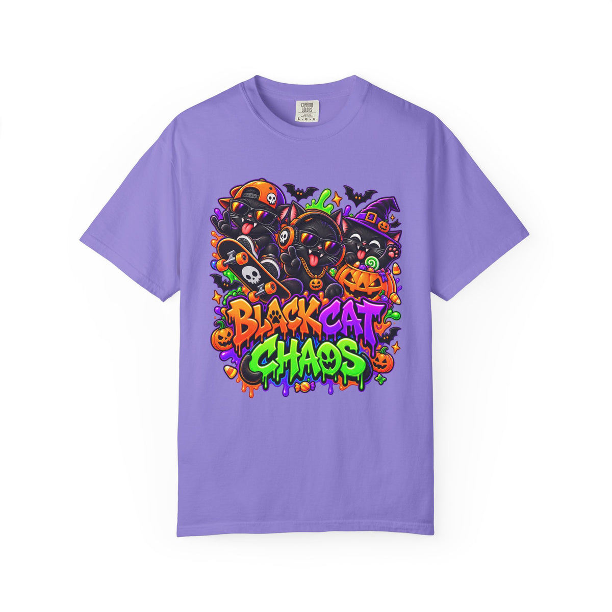 Neon Black Cat Halloween Chaos T-Shirt | Cute Spooky Cat Graphic Tee