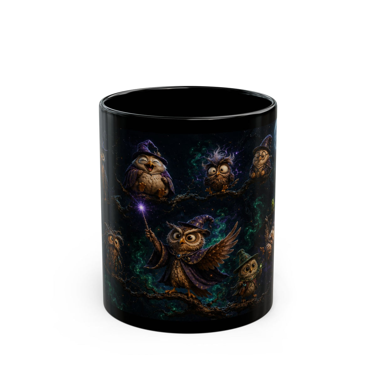 Halloween Magic Owl Night Mug — Cute Wizard Owls under Full Moon (Black 11oz/15oz)