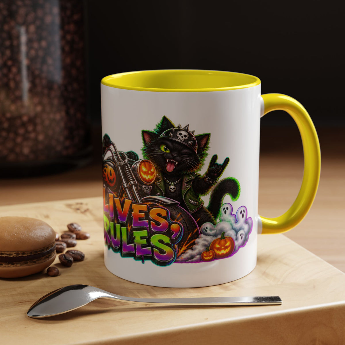 Nine Lives Zero Rules Biker Cats Halloween White Mug