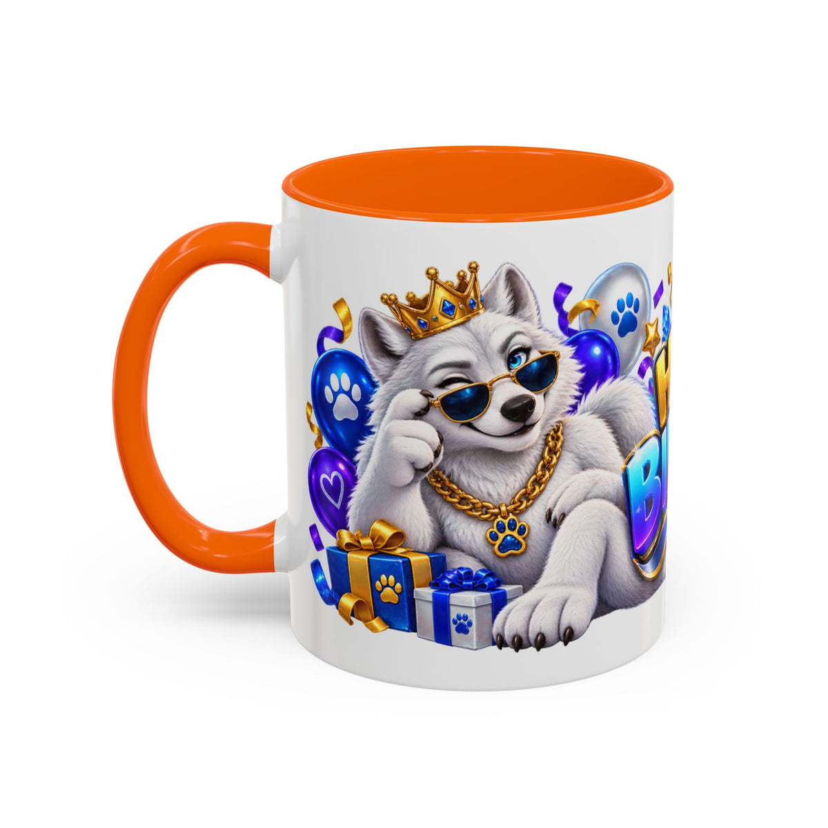 White Wolf Happy Birthday Mug – Blue Purple & Gold Birthday Gift – FestoraShop White Coffee Mug