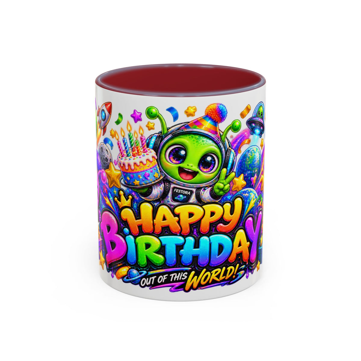 Happy Birthday Out of This World Accent Mug — Cute Alien Space Birthday Coffee Cup (11oz)