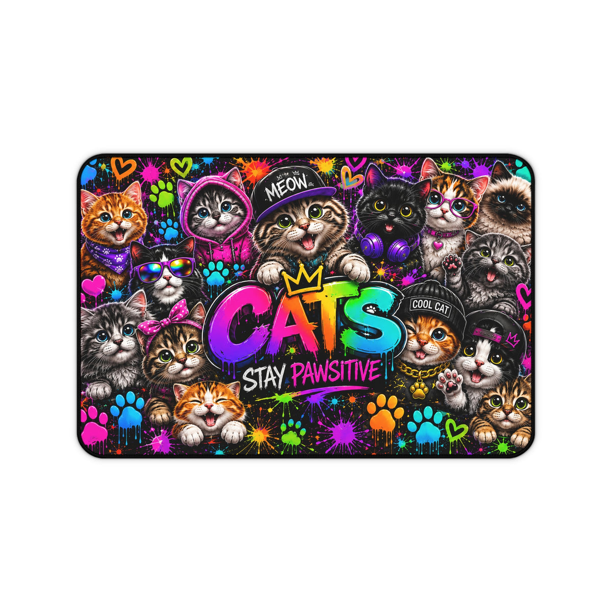Cats Stay Pawsitive Desk Mat — Colorful Cute Cat Keyboard Pad