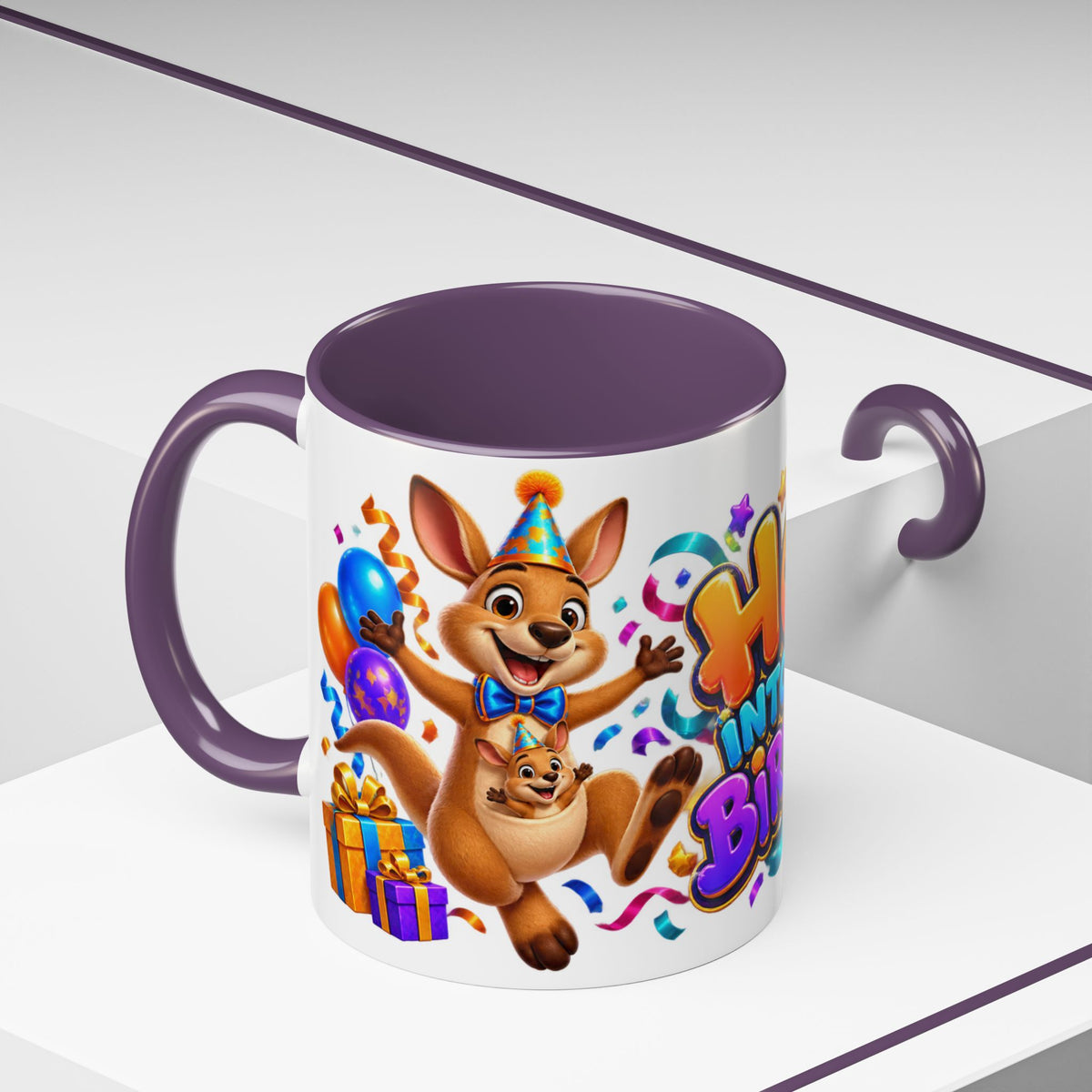 Hop Into Your Birthday White Mug – Cute Kangaroo Birthday Cup, Colorful Fun Party Gift