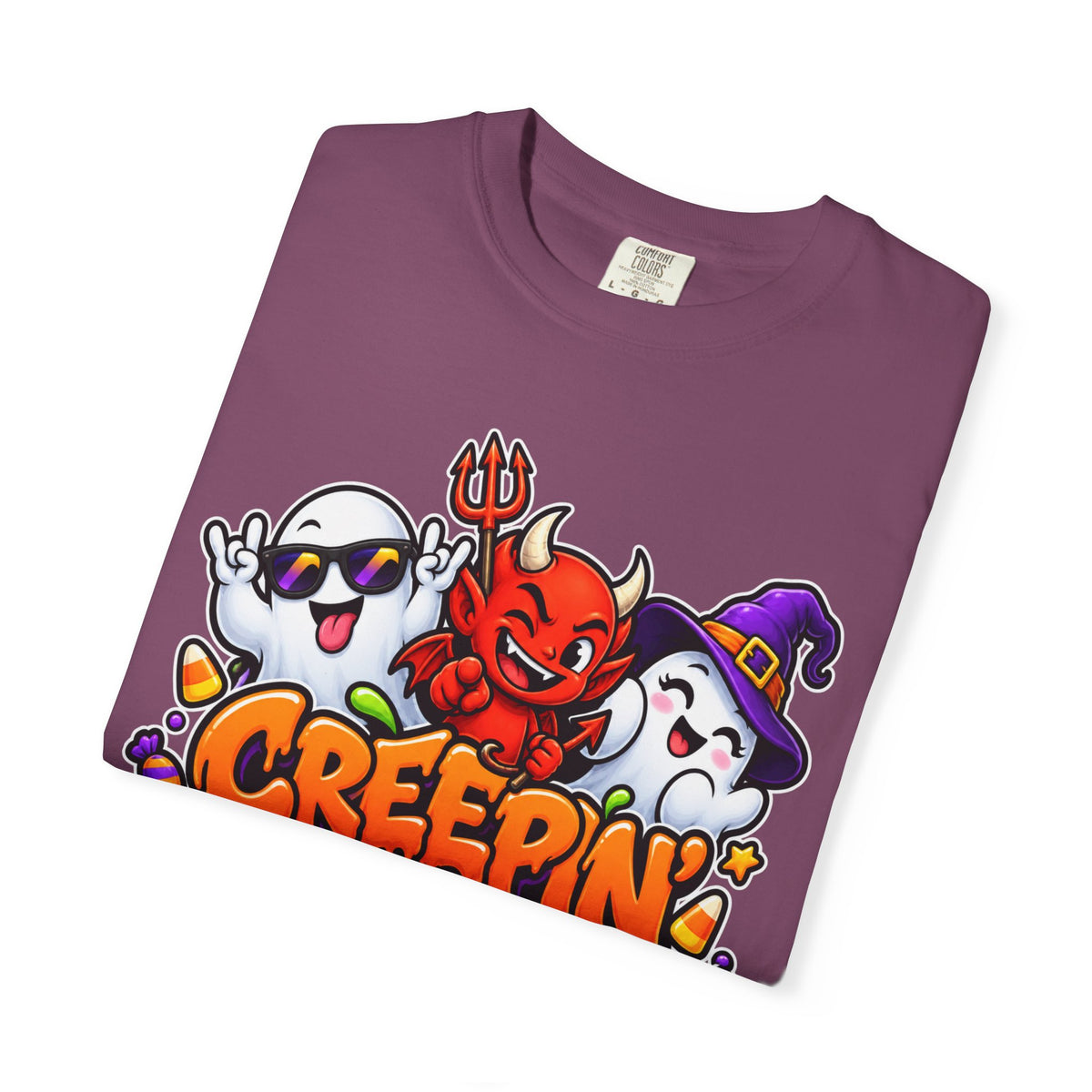 Creepin’ With My Crew Halloween T-Shirt – Colorful Funny Ghost & Devil Graphic Tee