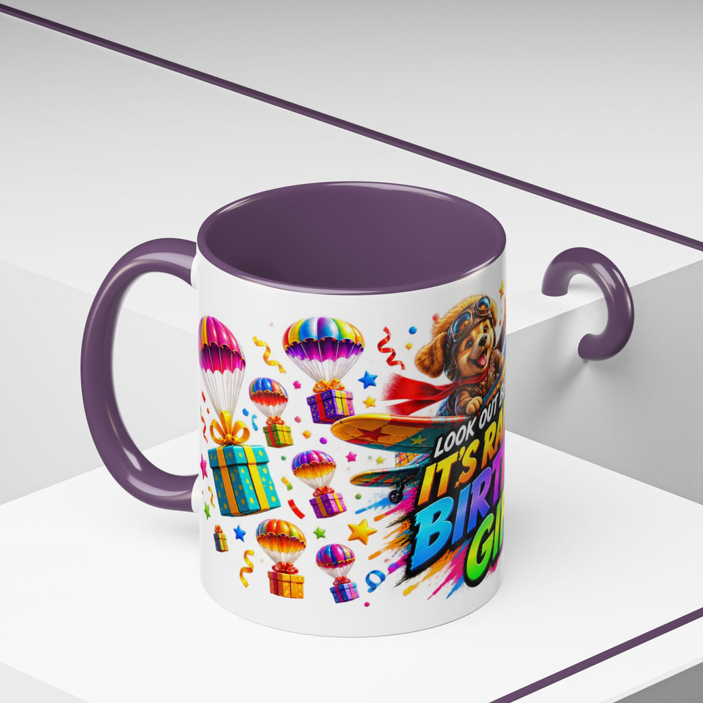 Birthday Gifts Coffee Mug — "It's Raining Birthday Gifts!" Colorful Accent Mug