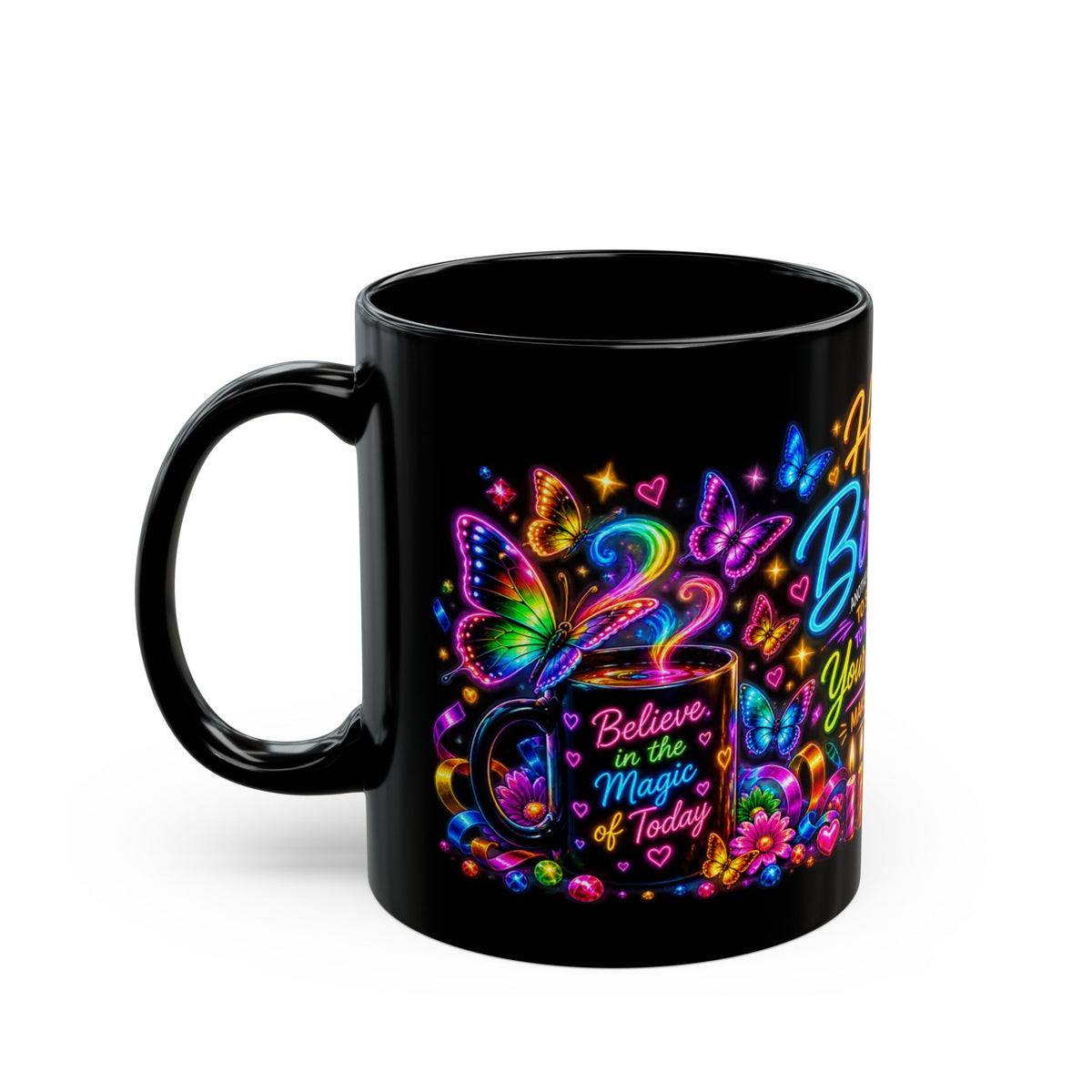 Birthday Black Mug – "Happy Birthday" Neon Gift Mug with Colorful Butterflies & Present