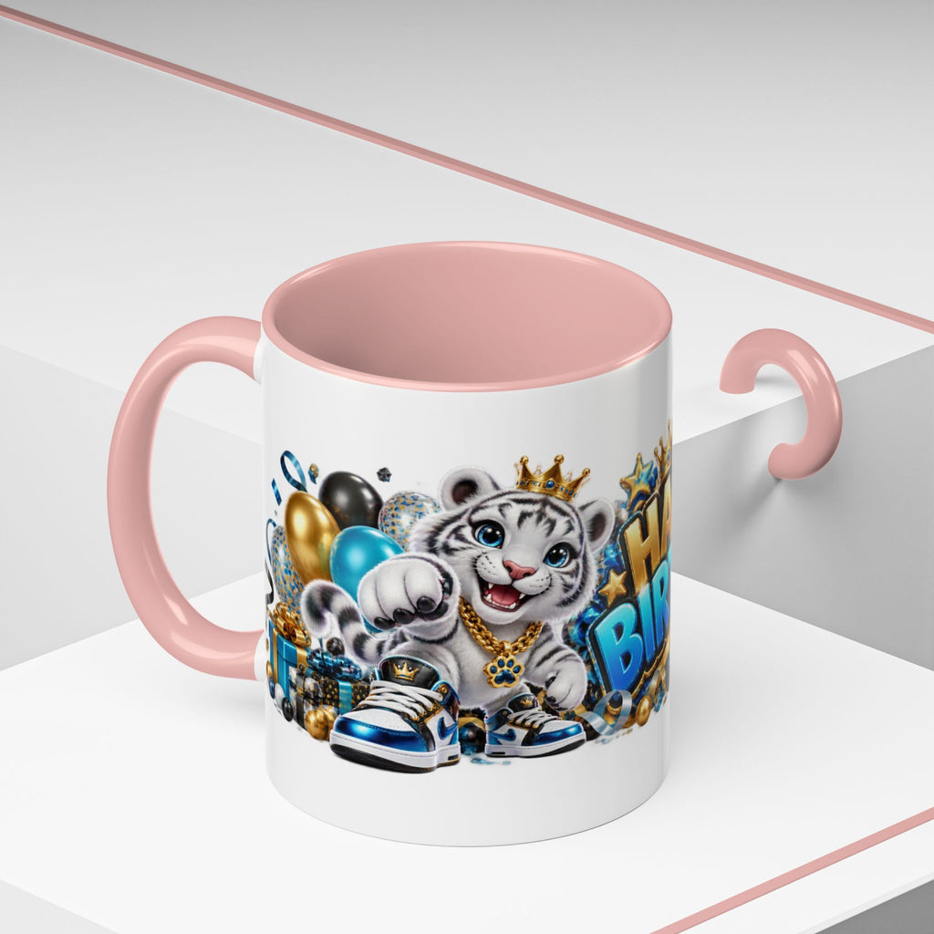 Happy Birthday White Tiger Mug – Colorful 3D Birthday Gift – White Coffee Mug