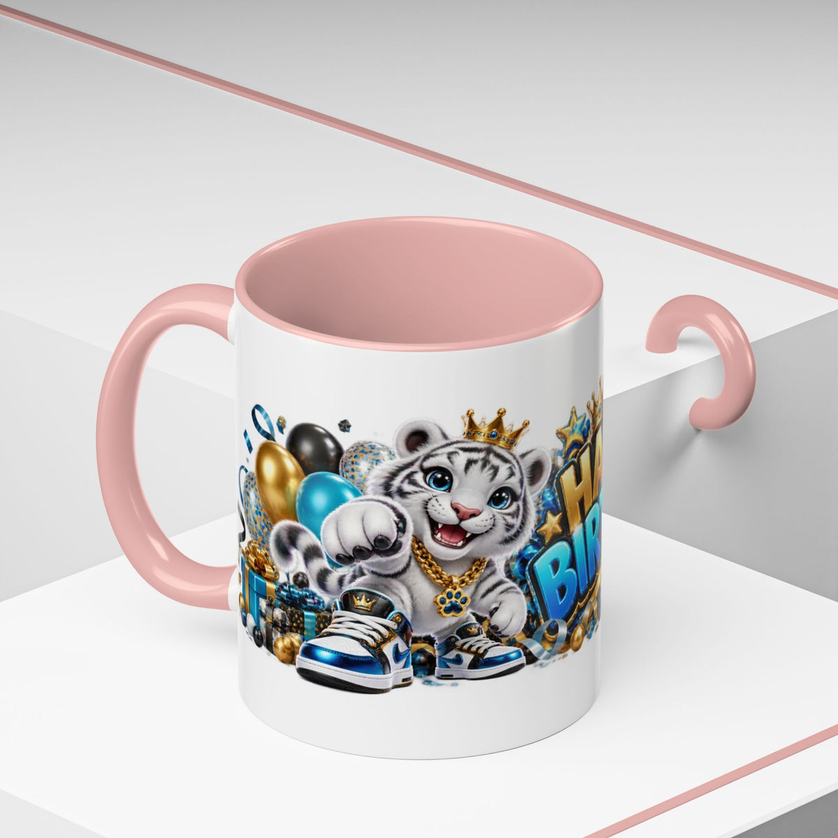 Happy Birthday White Tiger Mug – Colorful 3D Birthday Gift – White Coffee Mug