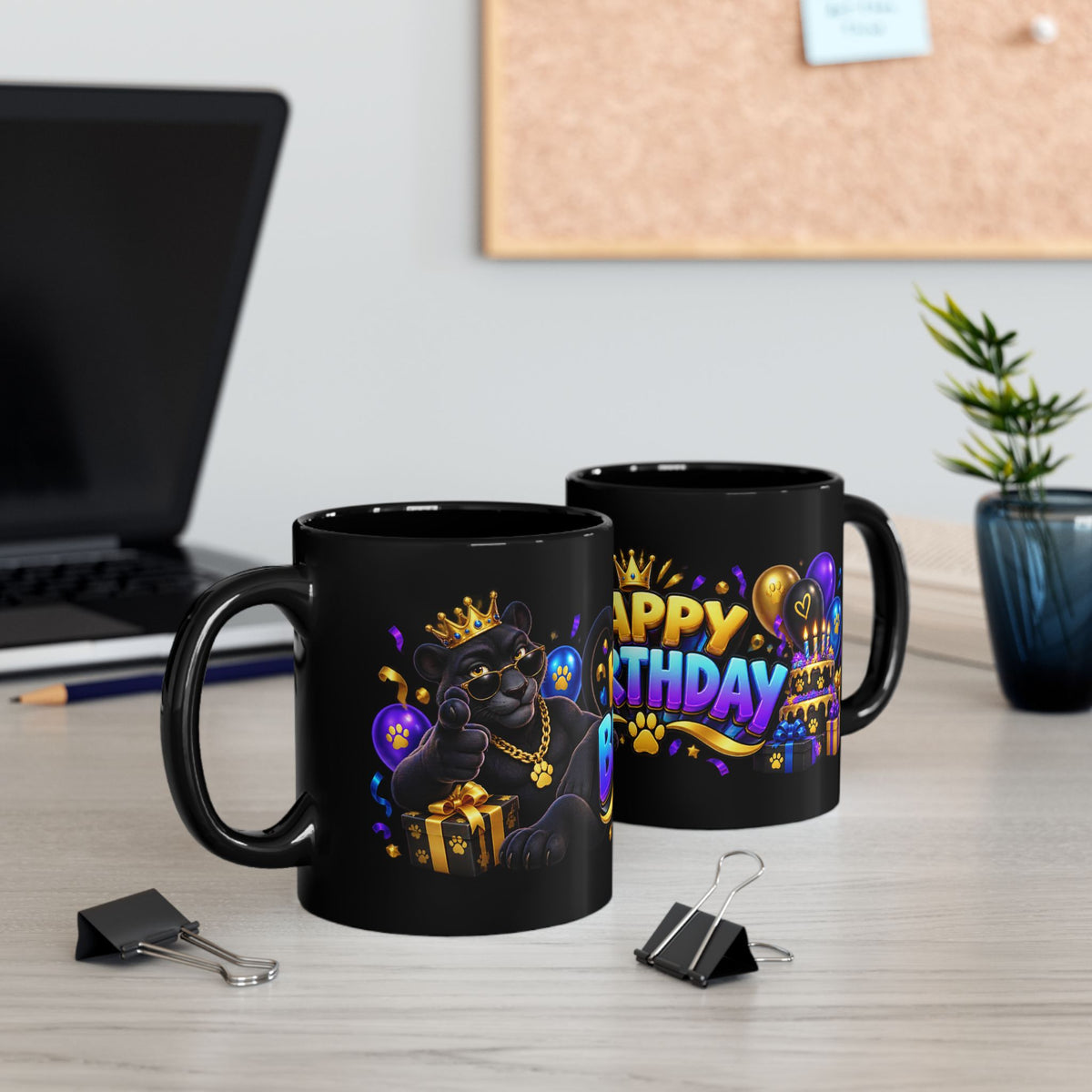 Cool Black Panther Happy Birthday Mug – Purple Blue & Gold Birthday Design – FestoraShop Black Coffee Mug