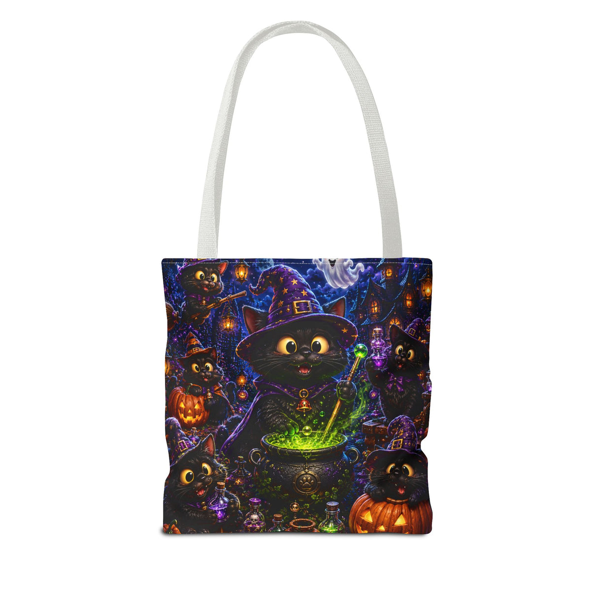 Halloween Black Cat Witches Tote Bag — Cute 3D Cats, Cauldron & Pumpkins Design