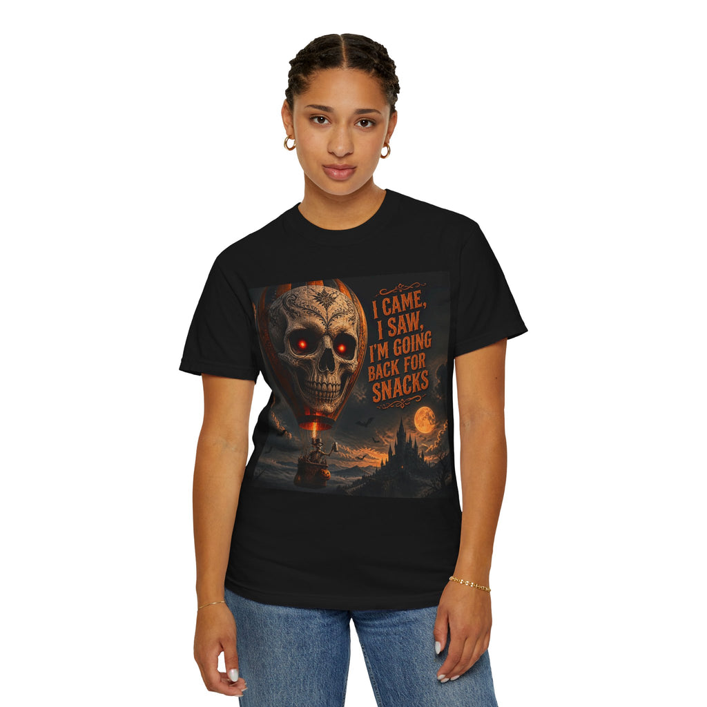 Halloween Skull T-Shirt — “I Came, I Saw, I’m Going Back for Snacks” Graphic Tee