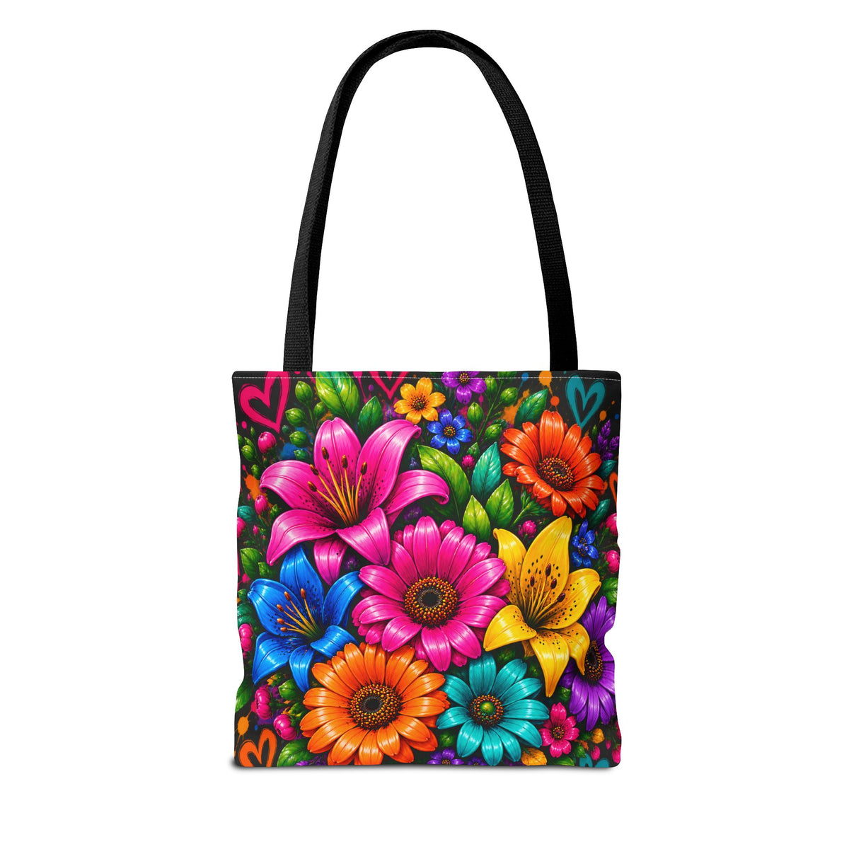 Festora Floral Burst Tote Bag — Colorful Flowers on Black