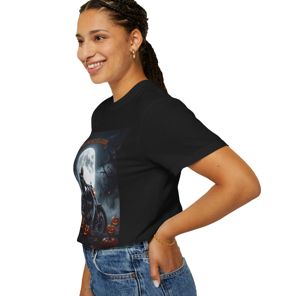 Halloween Motorcycle T-Shirt – 'Dead Tastes But Still Riding' Rider Skull Tee