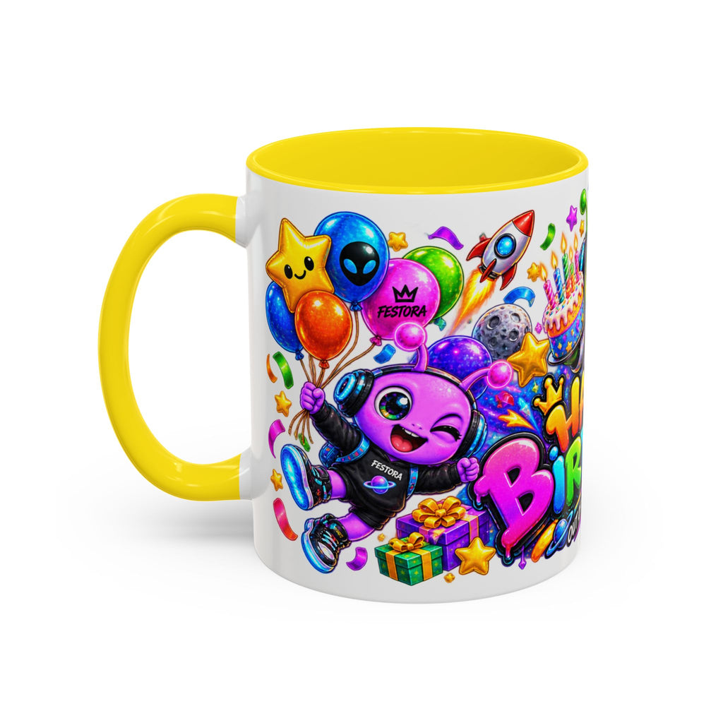 Happy Birthday Out of This World Accent Mug — Cute Alien Space Birthday Coffee Cup (11oz)