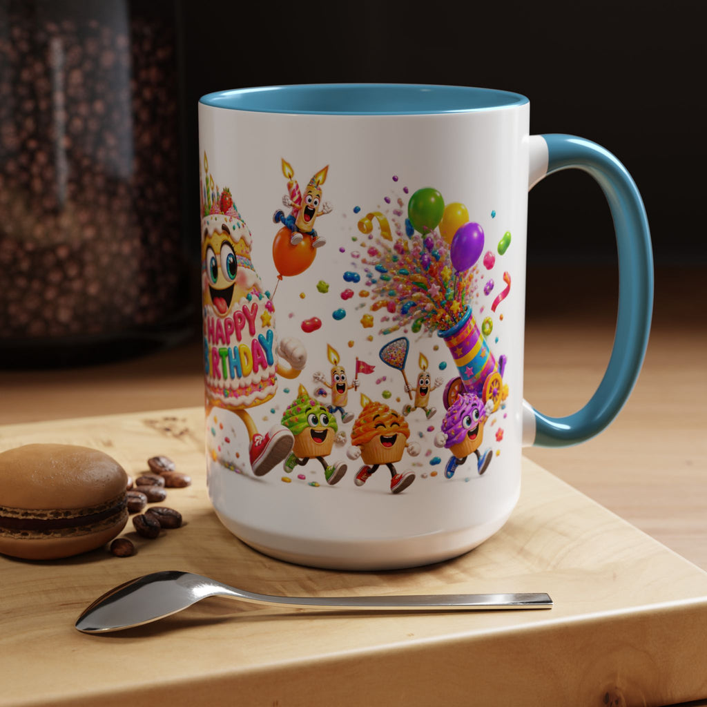Birthday Party Coffee Mug – Colorful Happy Birthday Cake & Balloon Design (11/15oz Accent Mug)