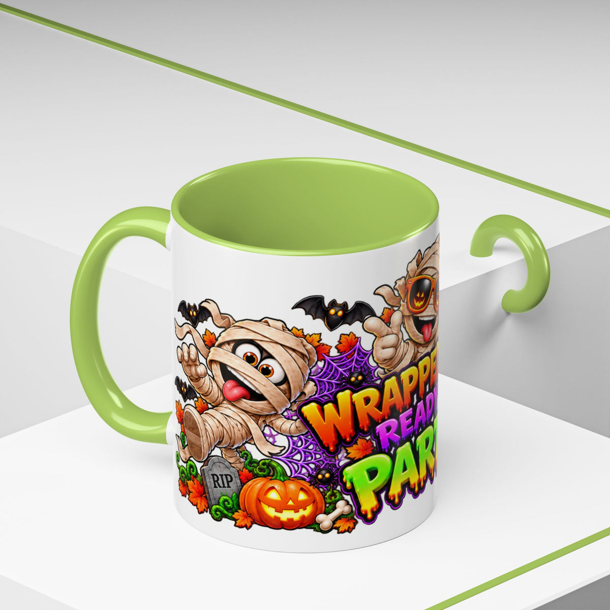 Wrapped Up & Ready to Party White Mug – Funny Mummies & Spooky Party Design