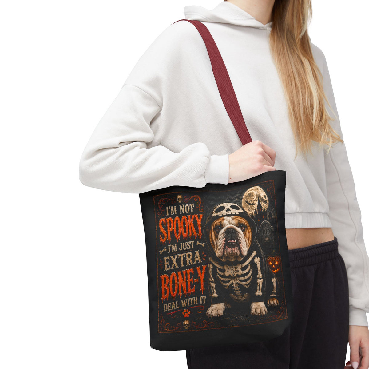 Halloween Bulldog Tote Bag – "I’m Not Spooky, I’m Just Extra Boney" All-Over Print