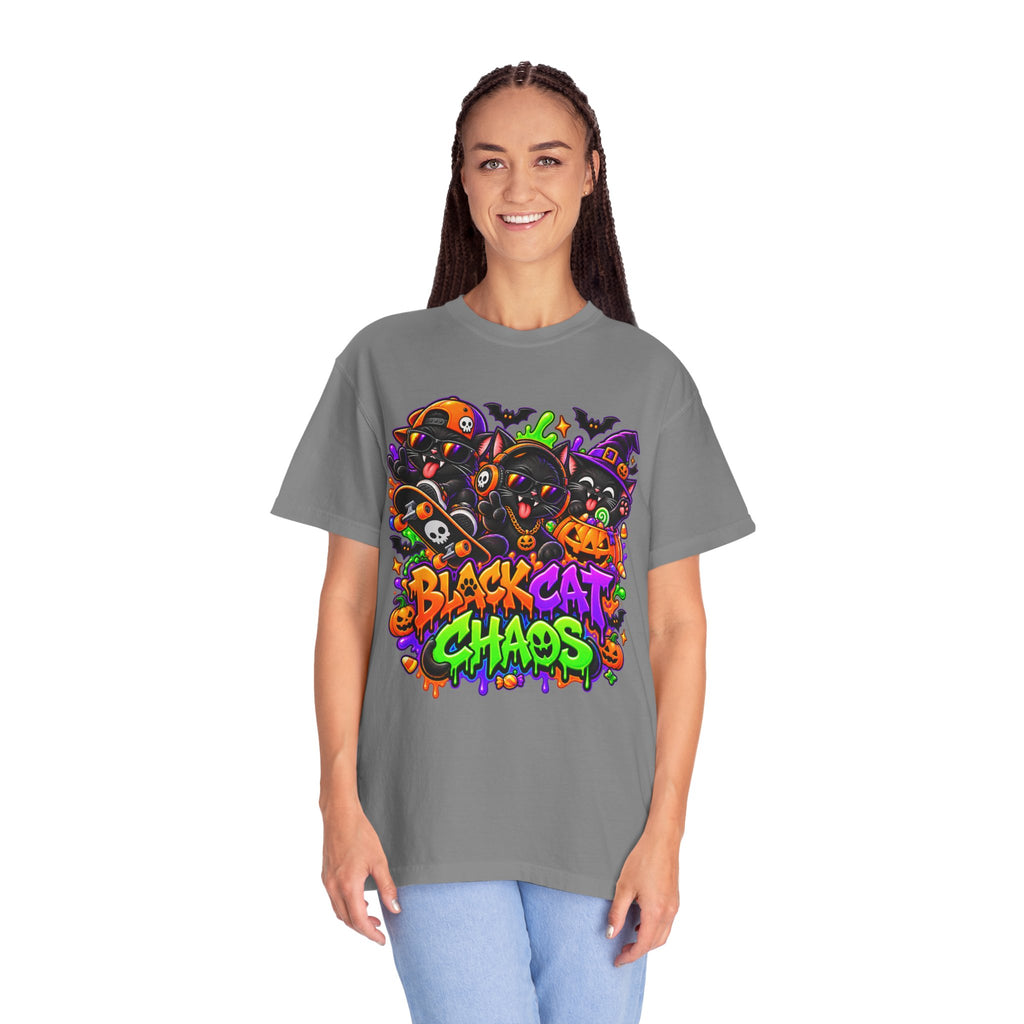 Neon Black Cat Halloween Chaos T-Shirt | Cute Spooky Cat Graphic Tee
