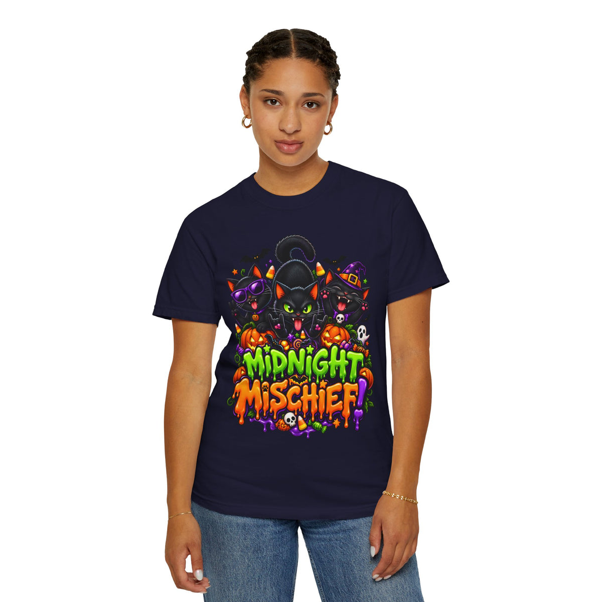Midnight Mischief Halloween T-Shirt – Funny Black Cat Graphic Tee