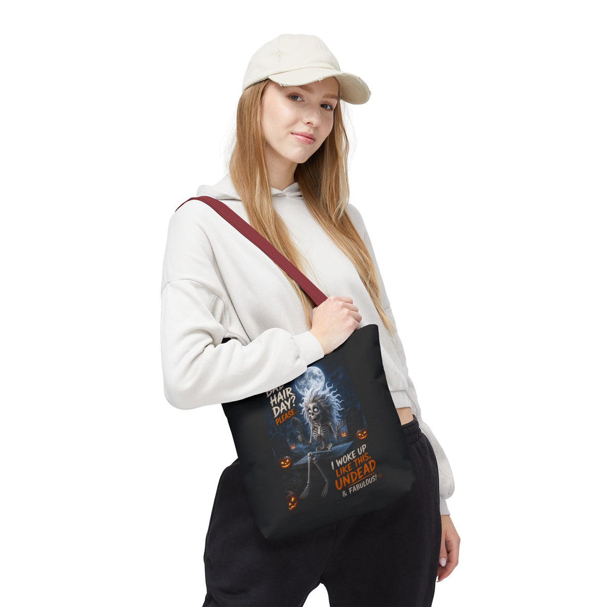 Halloween Skeleton Tote Bag — “Bad Hair Day? I Woke Up Like This, Undead & Fabulous”