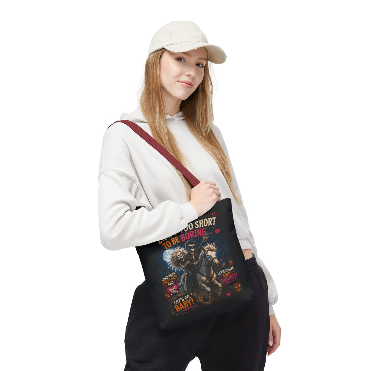 Life’s Too Short To Be Boring Tote Bag — Gothic Skeleton Rider Halloween Tote