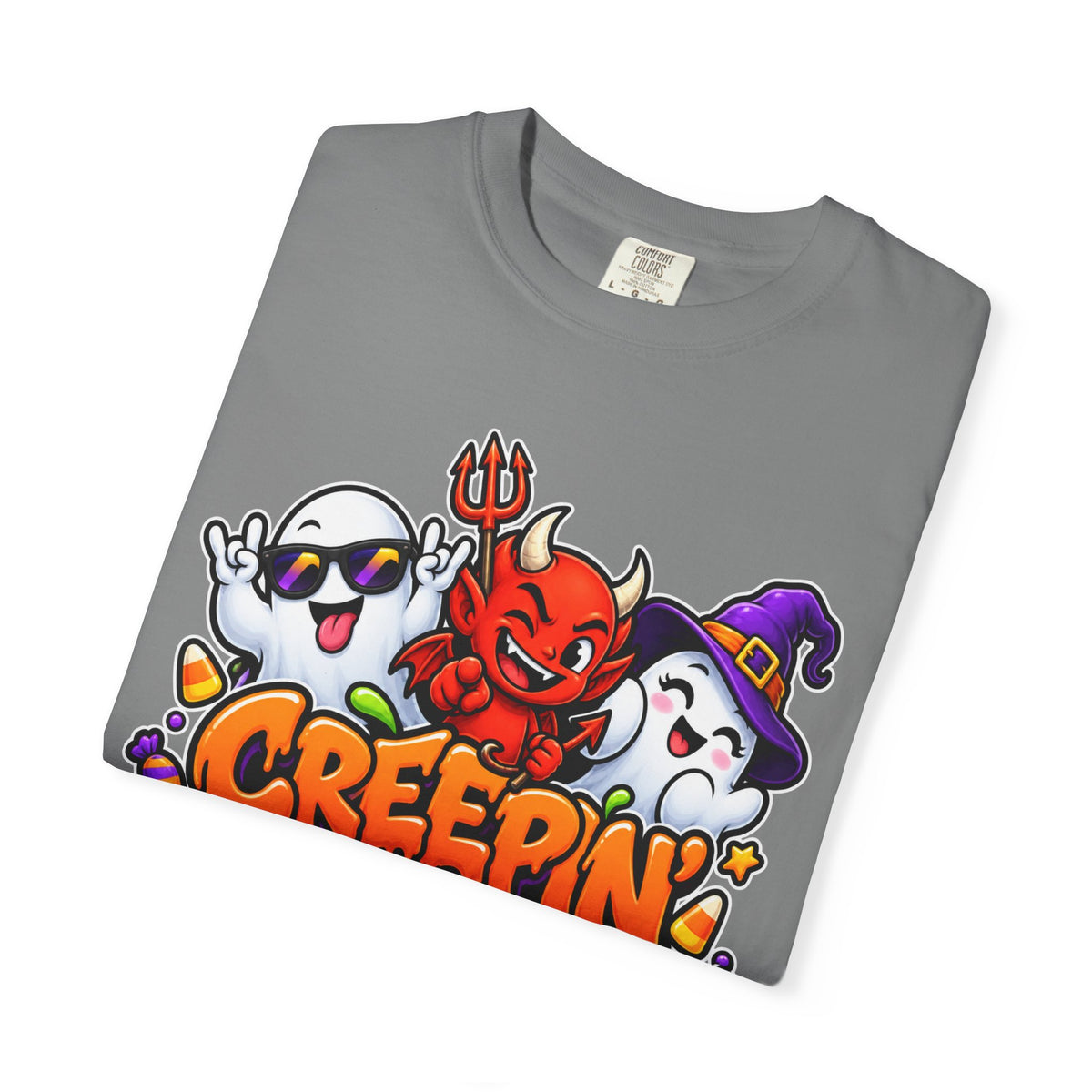Creepin’ With My Crew Halloween T-Shirt – Colorful Funny Ghost & Devil Graphic Tee