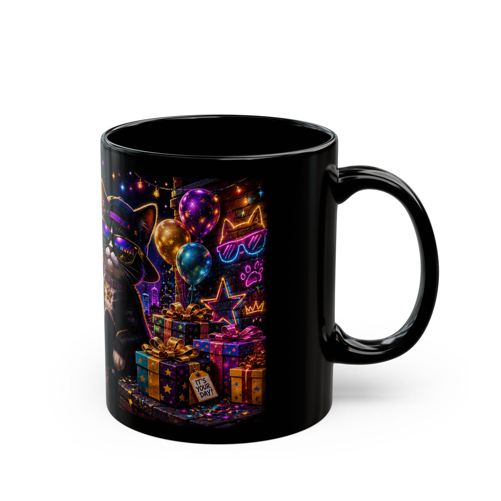 Happy Birthday Cat Mug — Colorful Neon Party Black Coffee Cup