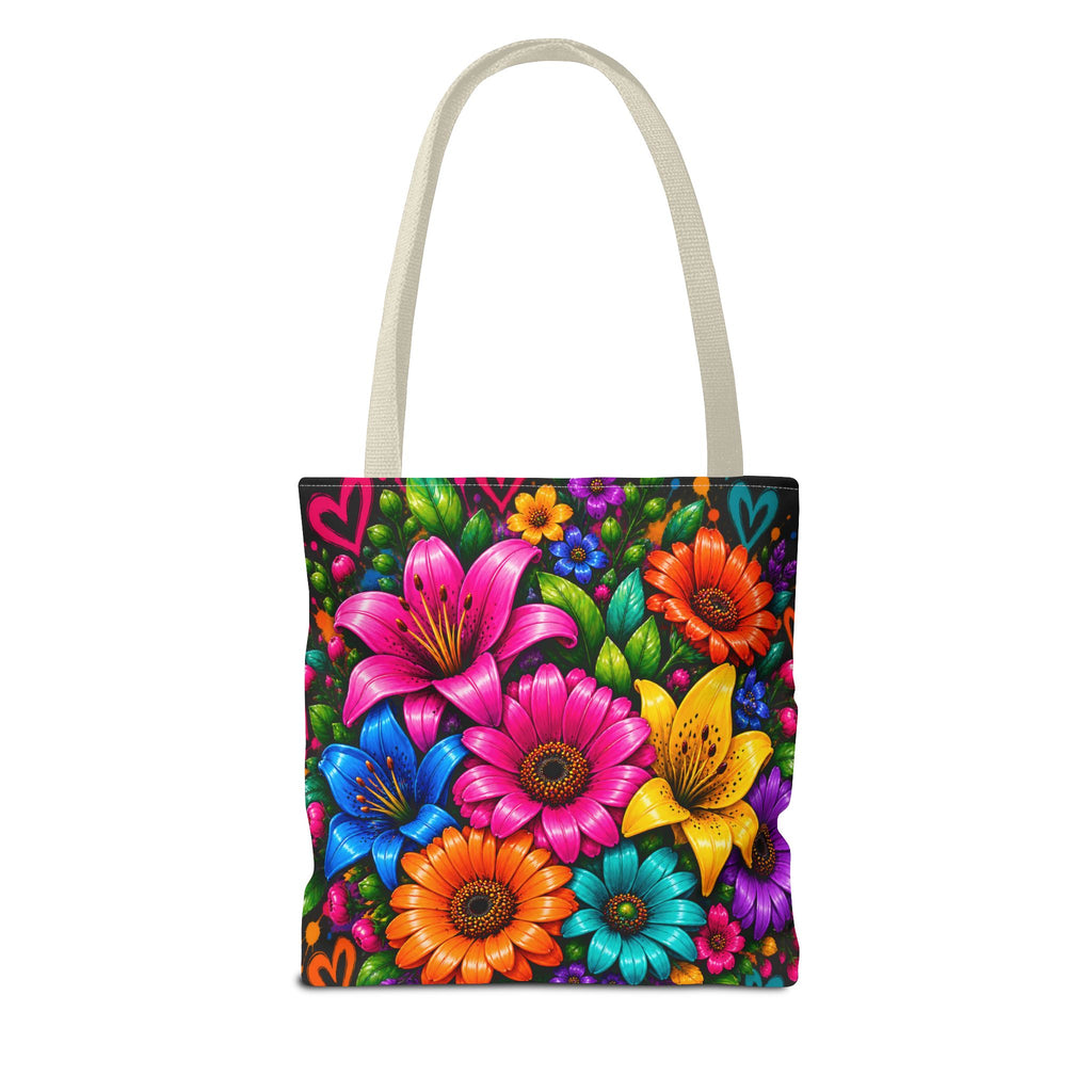 Festora Floral Burst Tote Bag — Colorful Flowers on Black