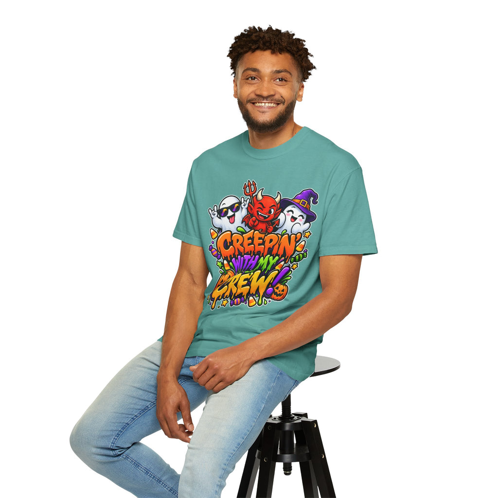 Creepin’ With My Crew Halloween T-Shirt – Colorful Funny Ghost & Devil Graphic Tee