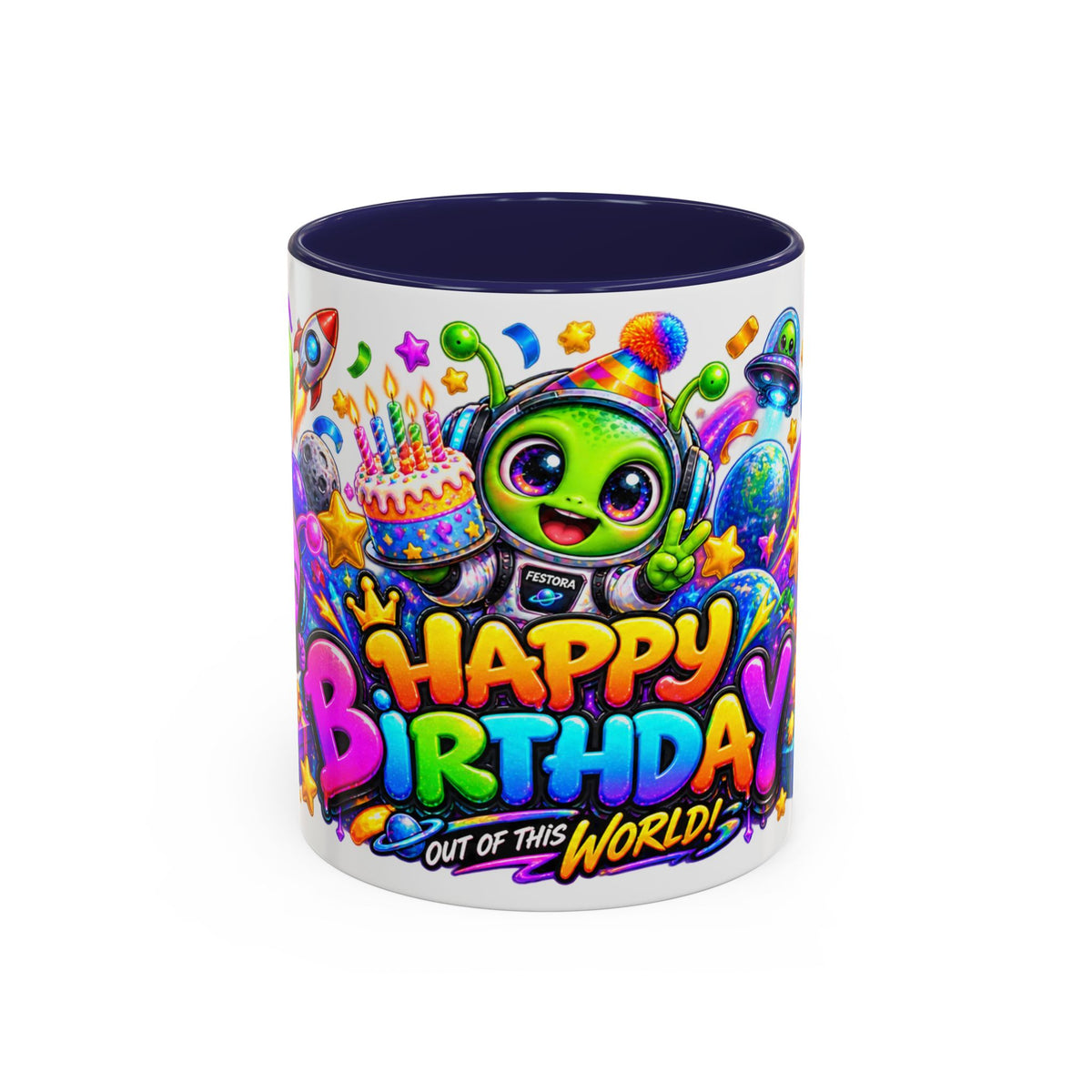 Happy Birthday Out of This World Accent Mug — Cute Alien Space Birthday Coffee Cup (11oz)