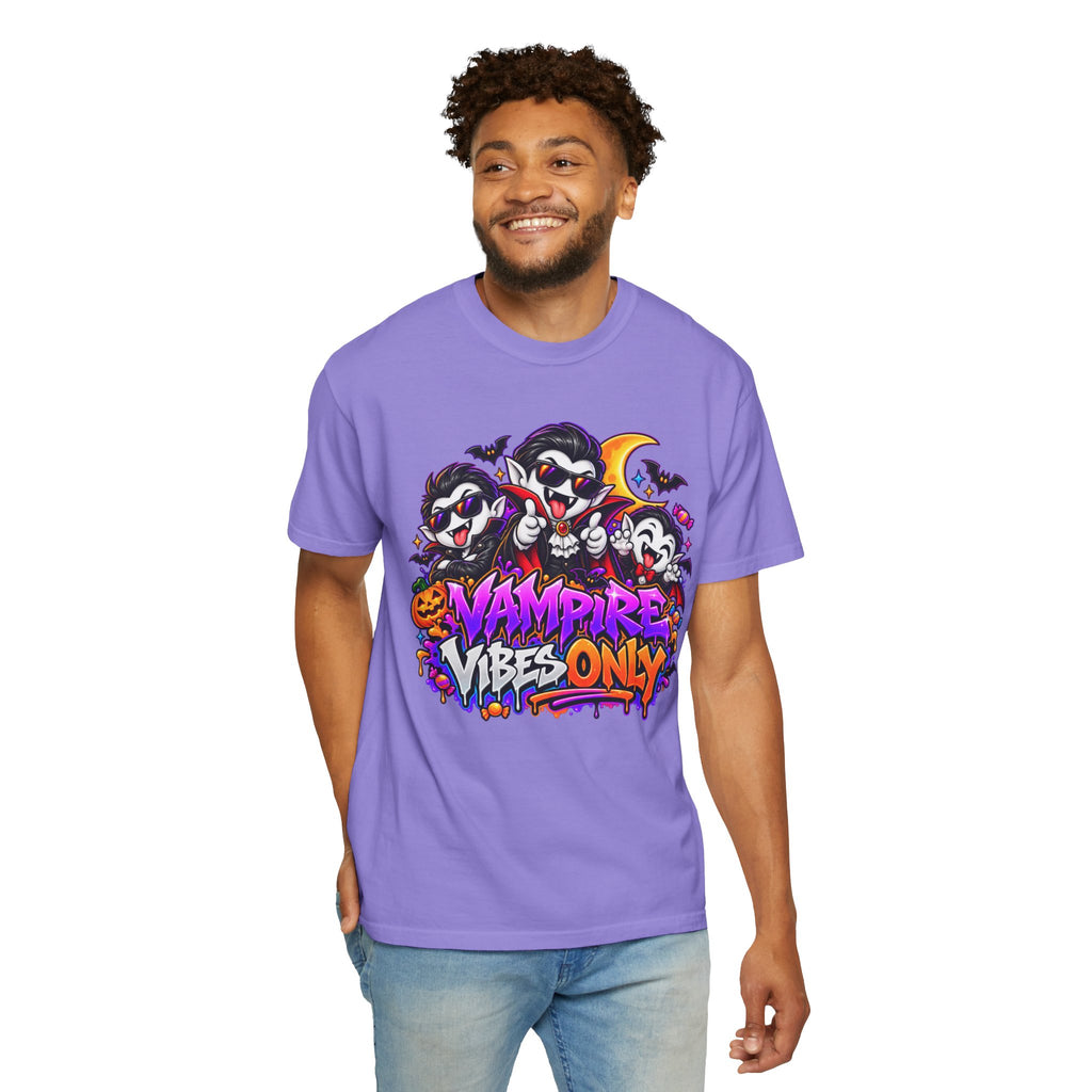 Neon Vampire Vibes Halloween Unisex Garment-Dyed T-Shirt Featuring a Cool Festora Vampire Crew